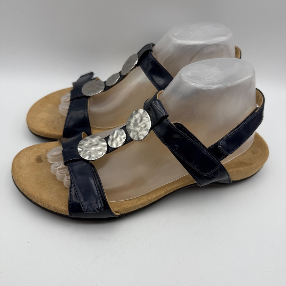Vionic Farra Sandals Women 9 Navy Blue Patent Leather T-Strap Medallion